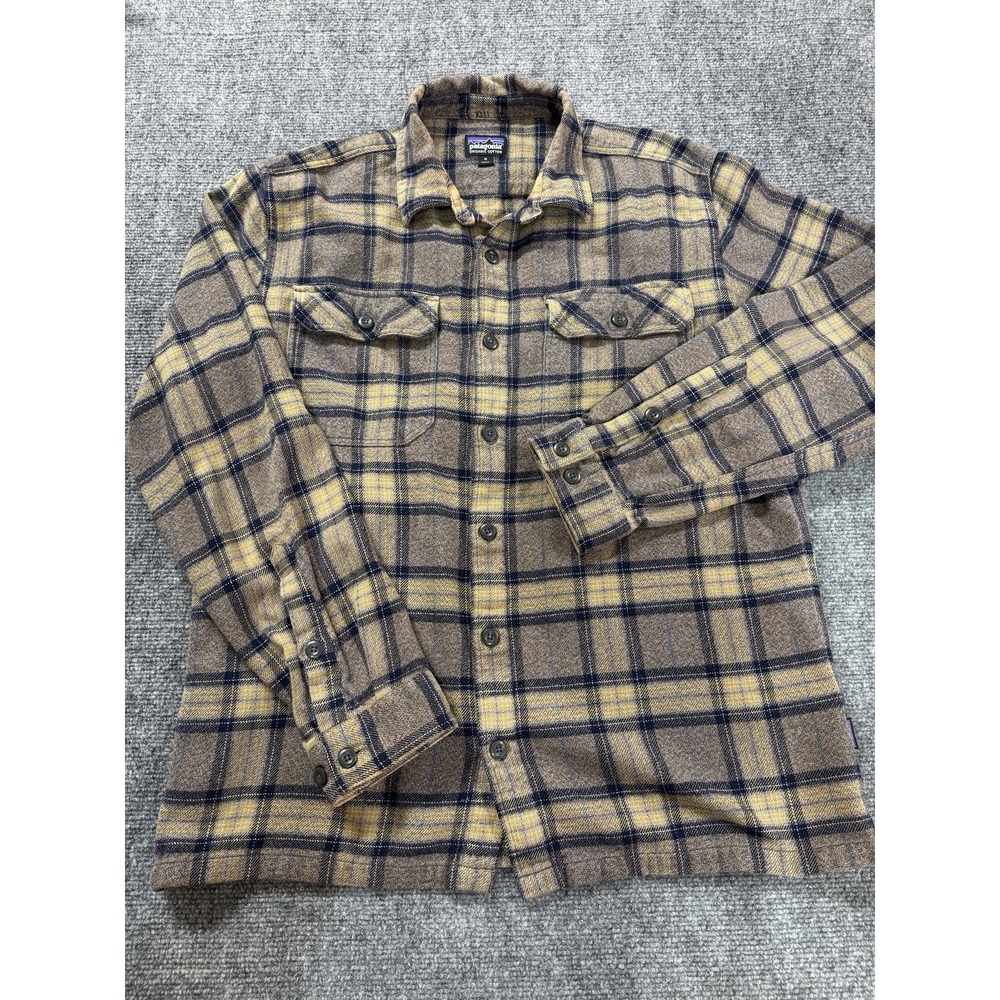 Patagonia Fjord Flannel Shirt Men's Medium Blue Tan Grey Plaid Organic Cotton